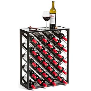 Free Standing Black Metal 32 Bottle Wine Rack with Glass Top Shelf