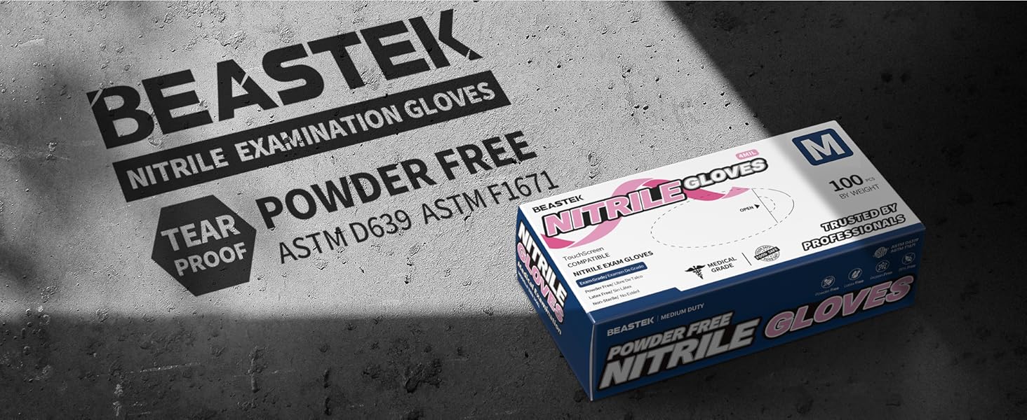 Beastek powder free exam gloves tear proof durable