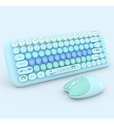 Cute Compact Wireless Keyboard and Mouse Combo, 84 Typewriter Style Candy Color Round Keys, Cat S...