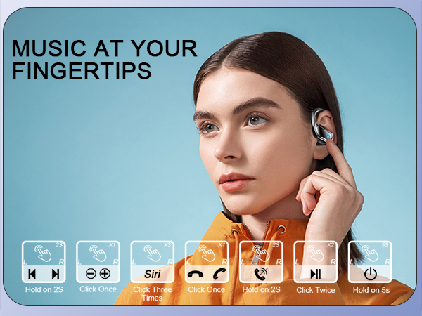 Wireless earbud advertisement showing control interface icons below, with text 'MUSIC AT YOUR FINGERTIPS' against blue gradient background.