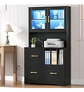 HOOBRO 2 Drawer File Cabinet with Charging Station, LED Lights, and Bookshelf, Farmhouse Filing C...