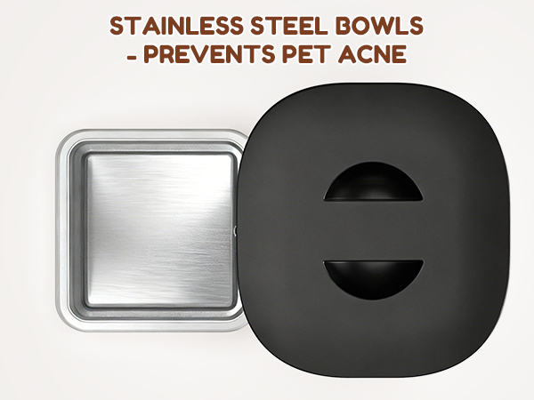 Stainless steel pet bowls that help prevent pet acne.