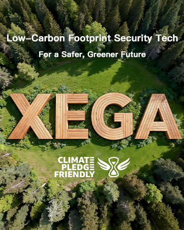 Text reads 'XEGA', 'Low-Carbon Footprint Security Tech', 'For a Safer, Greener Future', 'CLIMATE FRIENDLY'. Aerial view of forest with text overlays emphasizing environmental commitment.