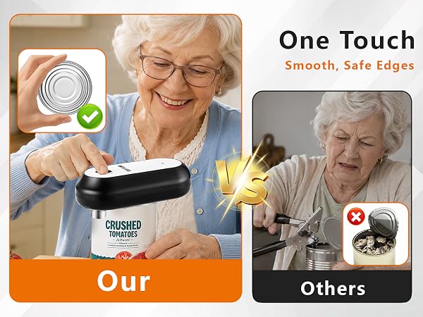 Electric can opener creating smooth lid edges for safer handling after opening cans.