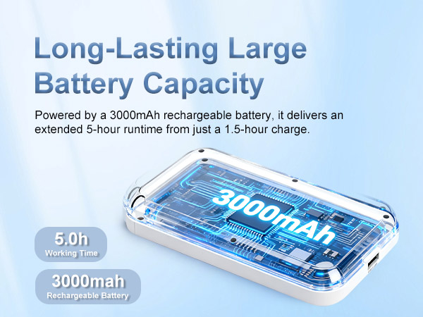 3000mAh rechargeable battery for 5 hours runtime and USB-C fast charging