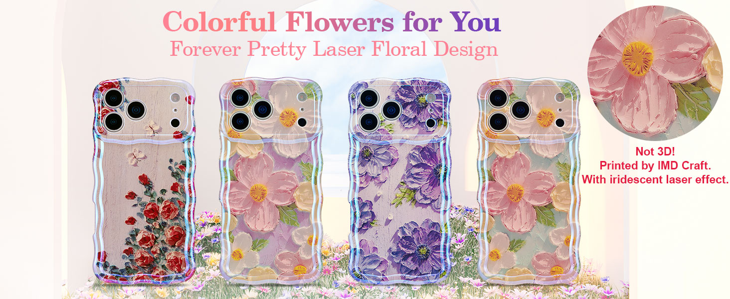 Text reads 'Colorful Flowers for You' and 'Forever Pretty Laser Floral Design'. Display of four clear phone cases with embedded dried flowers in pink, purple, and mixed colors.
