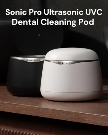 Sonic Pro Ultrasonic UVC Dental Cleaning Pod. White cylindrical device for cleaning dental items using ultrasonic and UV technology.