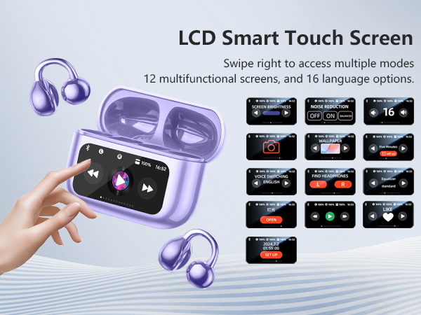 Open Ear Clip Headphones Ultra Comfort Bluetooth 5.4 Headphones with Intelligent Touch Color Screen