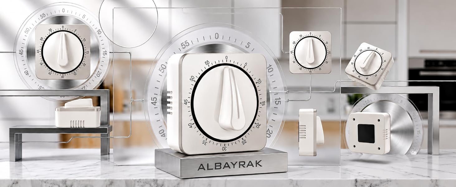 Square mechanical kitchen timer with white dial on marble counter with abstract frames.