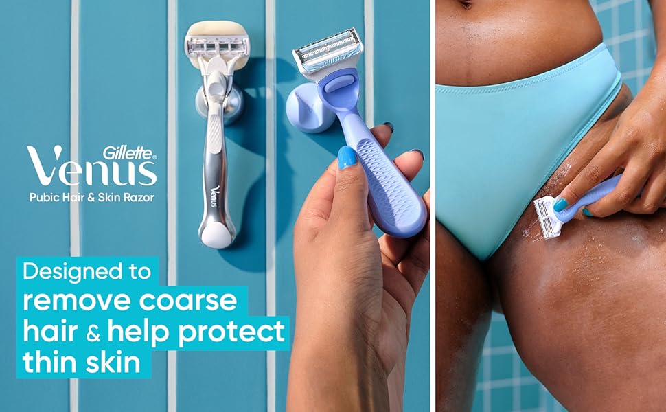A woman is shaving her pubic area with the Venus Pubic Hair &amp;amp; Skin Razor and the razor is shown.