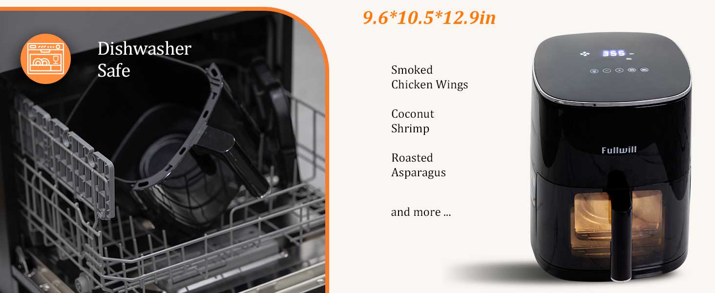 The non-stick basket and removable parts are dishwasher safe.