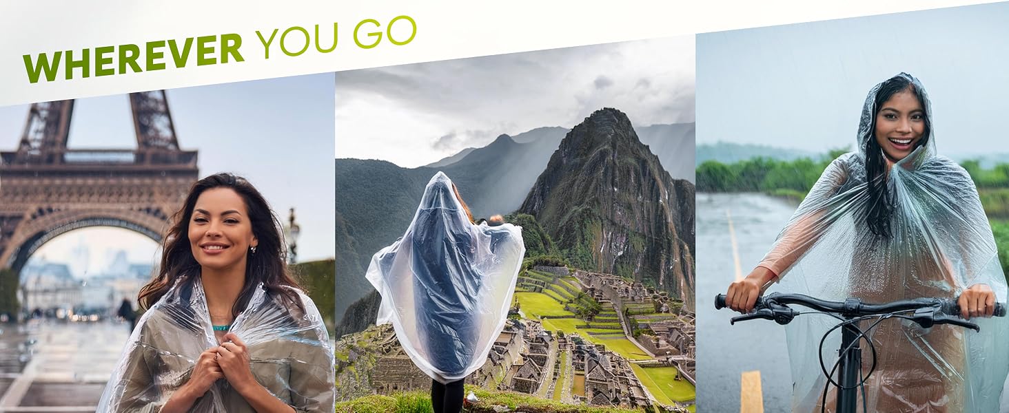 Transparent rain poncho shown in three travel scenarios: in front of Eiffel Tower, at Machu Picchu, and while biking. Text reads 'WHEREVER YOU GO'.