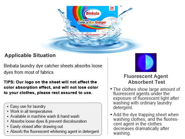 The fluorescent agent in the clothes decreases dramatically after washing with Binbata.