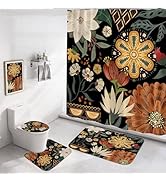 MitoVilla 4 Pcs Boho Floral Bathroom Sets with Shower Curtain and Rugs, Tropical Leaves Shower Cu...