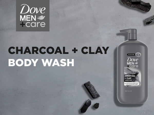 Image of Dove Men+Care CHARCOAL + CLAY BODY WASH next to actual ingredients.