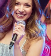 two images of a man and woman with microphones and microphone.