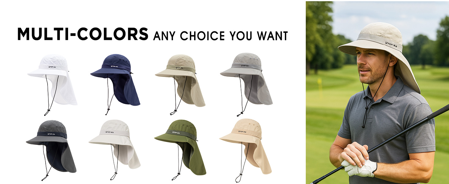 TOP-EX sun hats in multiple colors, lightweight design with neck flap, golfer wearing beige hat.