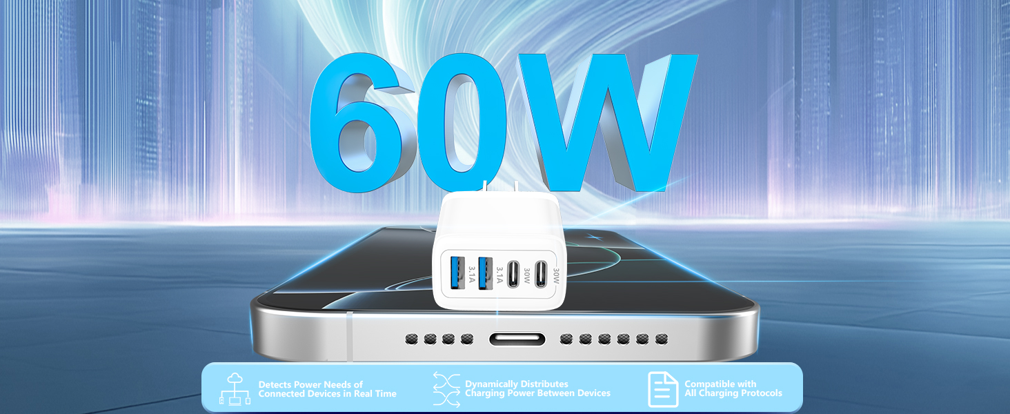 2Pack 60W 4Port USB C Wall Charger Block Dual PD&QC Power Type C Fast Charging Adapter USB-A Charger