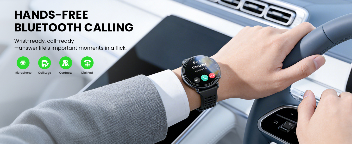 Text reads 'HANDS-FREE BLUETOOTH CALLING'. Close-up image of hands using a device while driving, with interface icons visible.