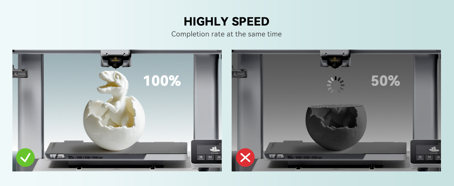 Side-by-side comparison of 3D printers showing speed difference. Left printer displays completed white object at 100%, right shows incomplete black object at 50% with loading icon.