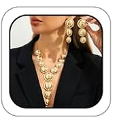 Lcineic Exaggerated Chunky Gold Choker Long Y Necklace Round Drop Earring Set for Women Unique Bi...