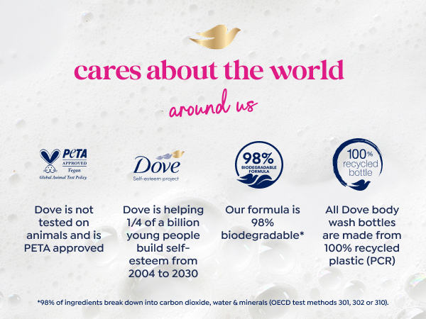 Dove body wash bottles rest on silky white fabric, with a fucshia background &amp; dove emblem.