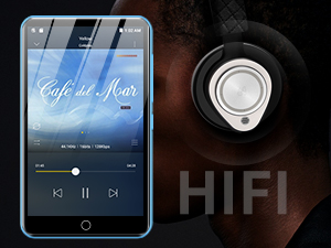 Mobile device displaying music player interface with 'Cafe del Mar' text, next to a HIFI label and circular control dial.