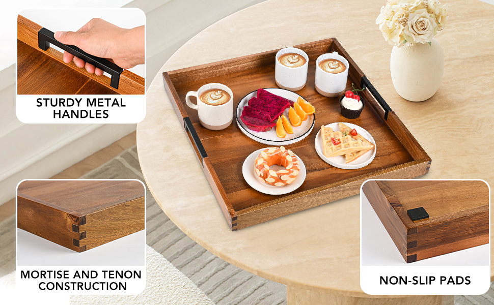 wooden serving tray,large ottoman tray,home decor tray,breakfast dinning tray,elegant metal handle