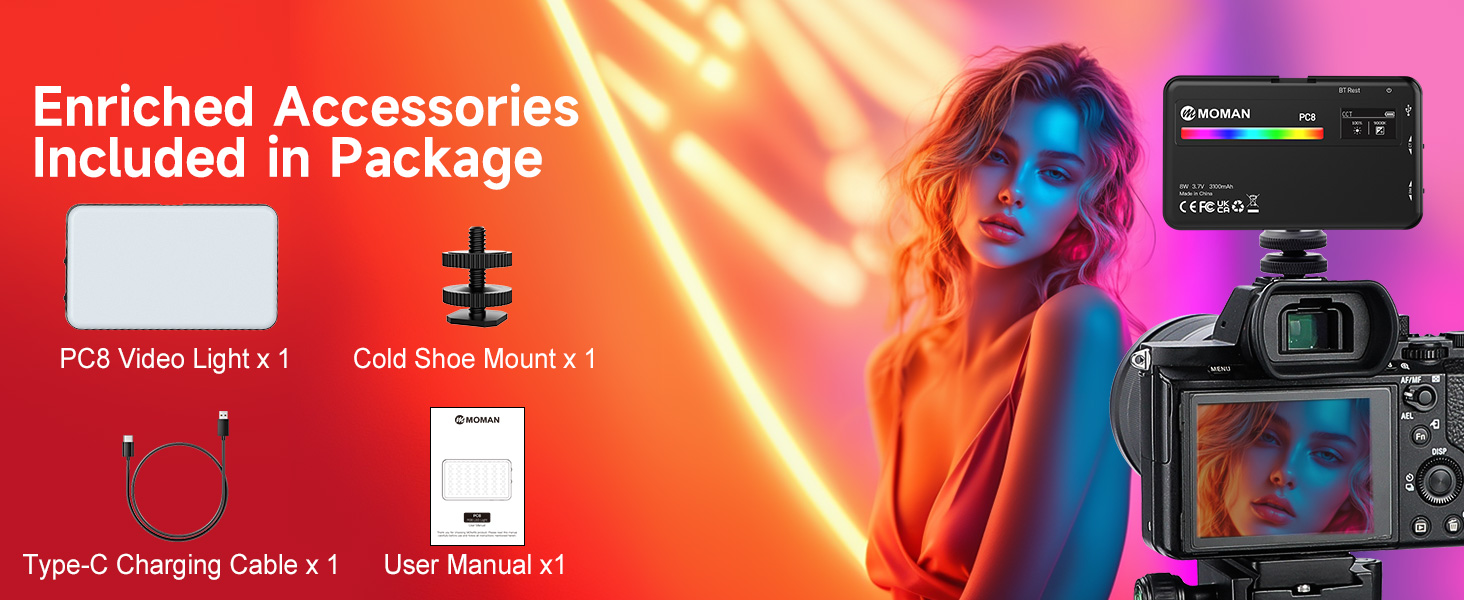 Camera accessories package including PD8 Video Light, Cold Shoe Mount, Type-C Charging Cable, and User Manual, displayed on vibrant orange and purple background.