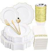 COLOSUS 175pcs Plastic Party Plates Disposable Plastic Dinnerware set. 25guests White Gold Dinner...