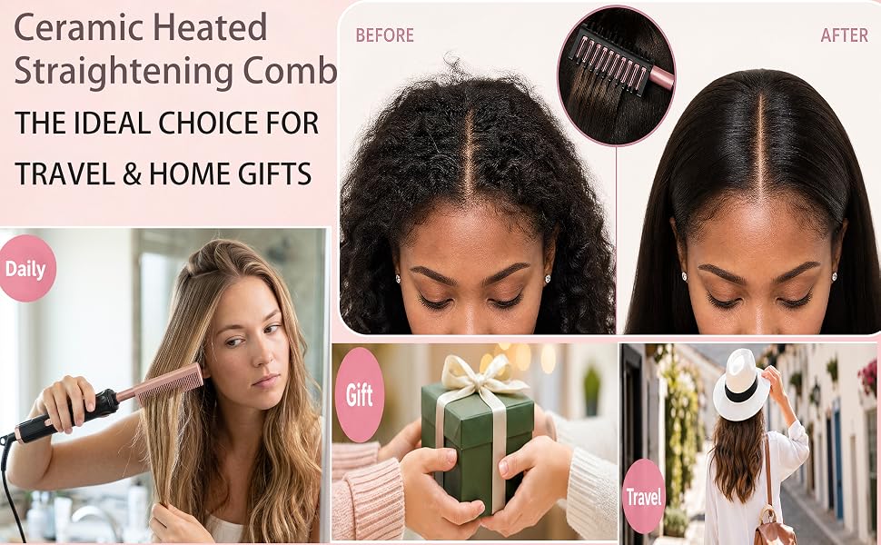 Text reads 'Ceramic Heated Straightening Comb', 'THE IDEAL CHOICE FOR TRAVEL &amp; HOME GIFTS'. Black ceramic comb shown with before/after hair styling demonstration and product accessories displayed in pink packaging.