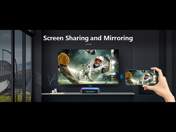 Screen sharing demonstration showing a mobile device casting content to a large TV display with gaming content.
