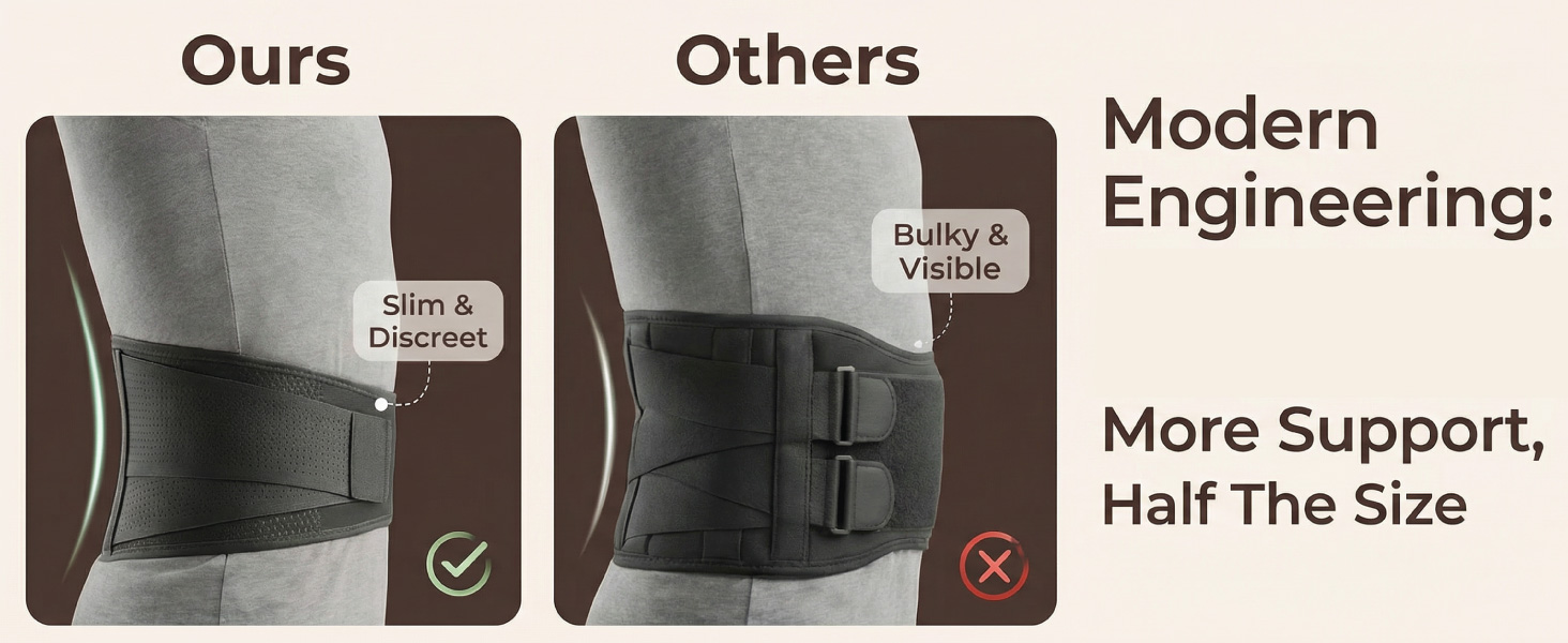 Side by side showing the slim Sparthos back brace versus bulky competitor lower back support belts