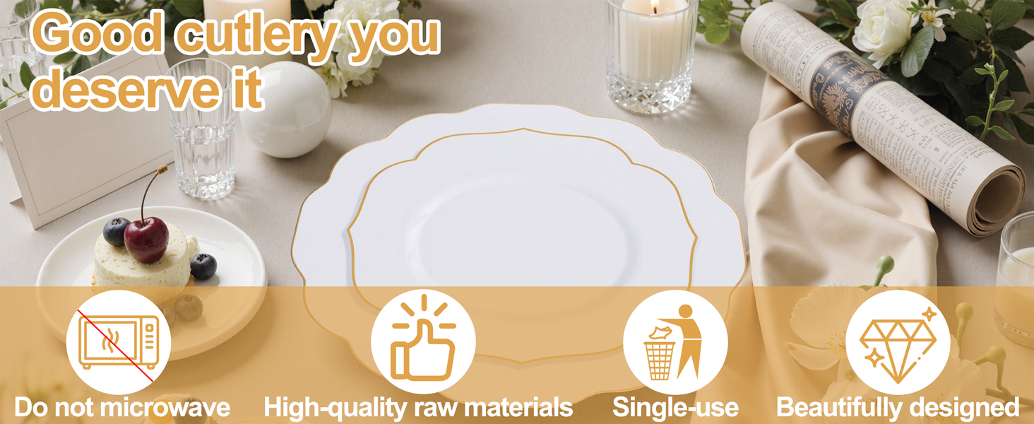 White and Gold Plastic Dinnerware Set