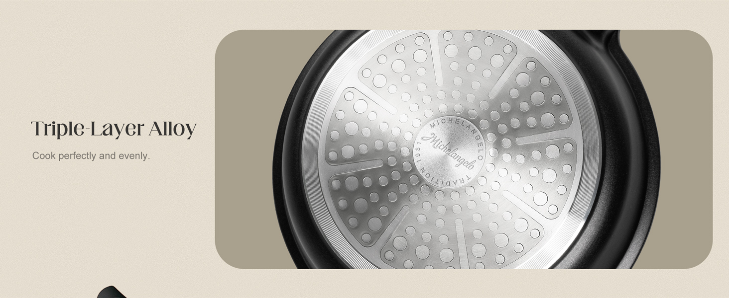 nonstick frying pan with silicone handle, ease of cleaning, works well on all cooktops, durable