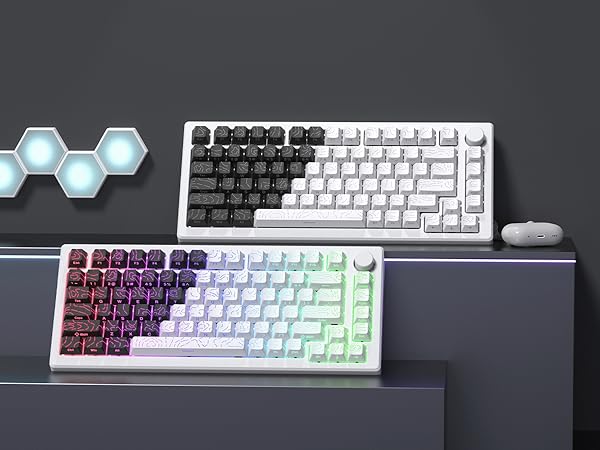 Double Shot PBT keycaps for Mechanical Keyboard,Black/White Topographic,Shine Through keycaps