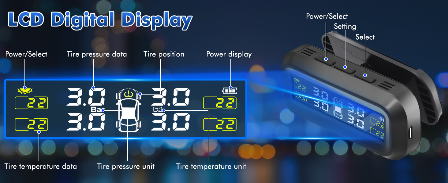 LCD digital display for tire pressure monitoring system. Shows pressure and temperature data for four tires. Device has blue backlit screen and three control buttons on top.