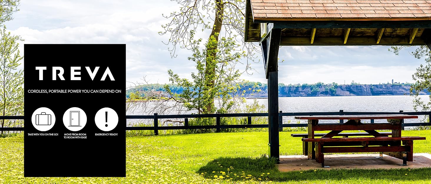 Treva logo at green picnic lakefront park