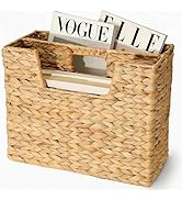 Deepredcoast Wicker Magazine Basket with Handle, Water Hyacinth Magazine Holder with 2 Compartmen...