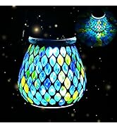 Mosaic Blue Solar Lanterns, Outdoor Glass Hanging Lights, Waterproof, Solar Table Lamps, Christma...