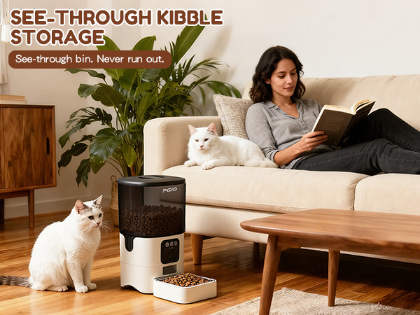 PGID Pet feeder with a see-through kibble storage bin for easy level monitoring