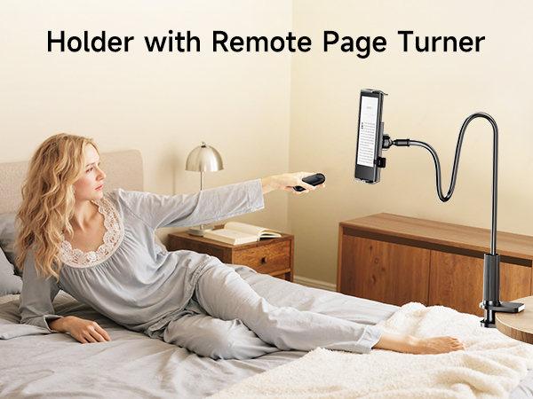 Text reads 'Holder with Remote Page Turner'. Multiple images showing device mounted on adjustable arm near bed, demonstrating hands-free reading setup.
