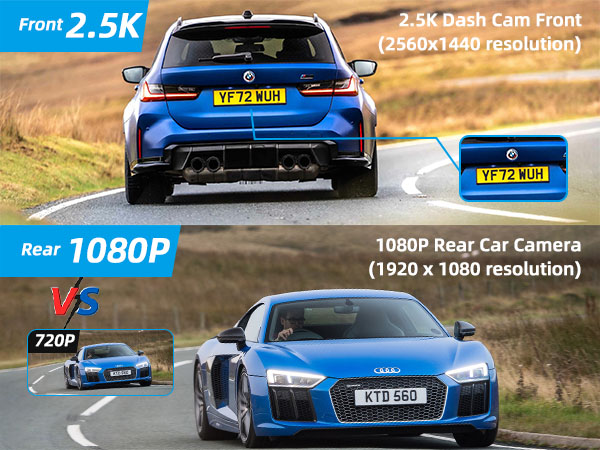 Dual-camera car system featuring 2.5K front dash cam and 1080P rear camera, showcasing blue sports car on rural road with resolution comparison.