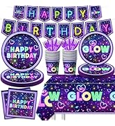 Glow Neon Party Supplies Tableware Set, 142Pcs Let's Glow Birthday Party Decorations Include Neon...