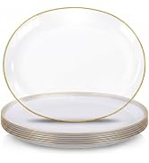 WDF 6-Pack Clear and Gold Oval Plastic Plates - 10x12 Inch Heavy Duty Oval Disposable Serving Pla...