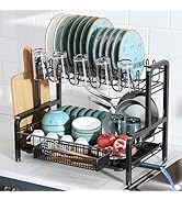 2 Tier Dish Drainers Drying Rack for Kitchen Counter Large Stainless Steel Dishes Drain with Drai...