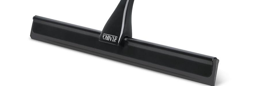 Matte black stainless steel shower squeegee on white background, modern ergonomic design