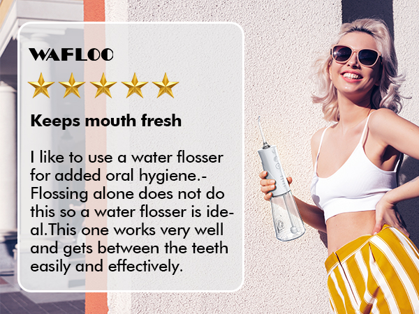 Product review showing 5-star rating for Wafloo water flosser, with customer testimonial praising its effectiveness for oral hygiene. Lifestyle image shows water flosser in use.