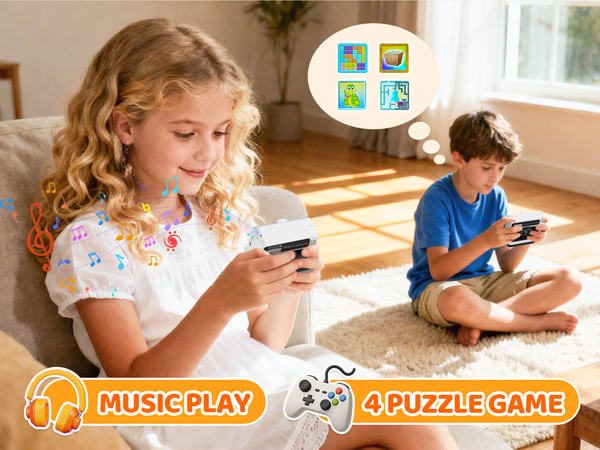 Text reads 'TOUCH PLAY' and 'PUZZLE GAME'. Multiple panels showing children engaged with what appears to be an interactive learning or gaming device.