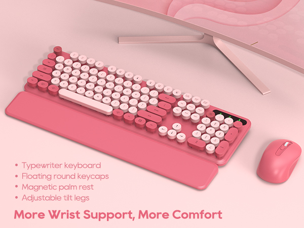 Pink Wireless keyboard and mouse combo with detachable wrist rest